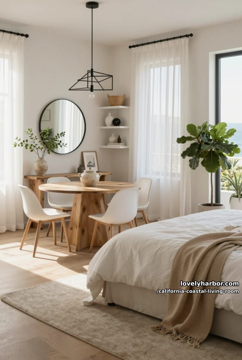 coastal home interior, wood console, round dining table, and serene bedroom. 1