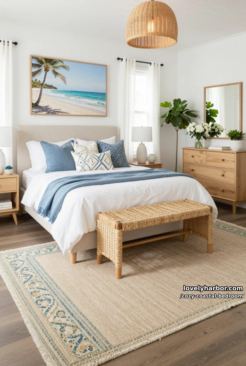 20 Dreamy Coastal Bedrooms for a Serene Retreat 11 coastal-inspired bedroom with layered rugs, beach art, and plants 1