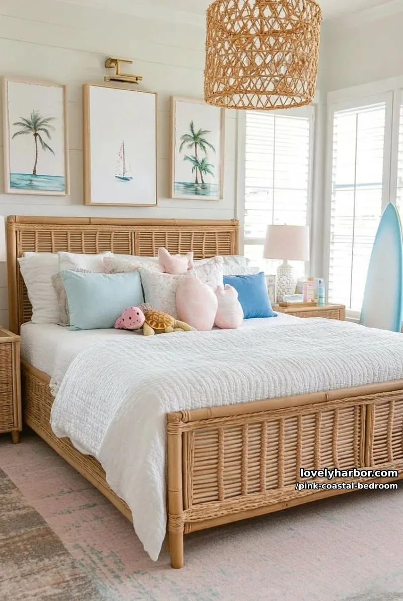 20 Dreamy Pink Coastal Bedroom Ideas to Try This Season 1 coastal-inspired bedroom with rattan furniture and pastel beach-themed decor. 1