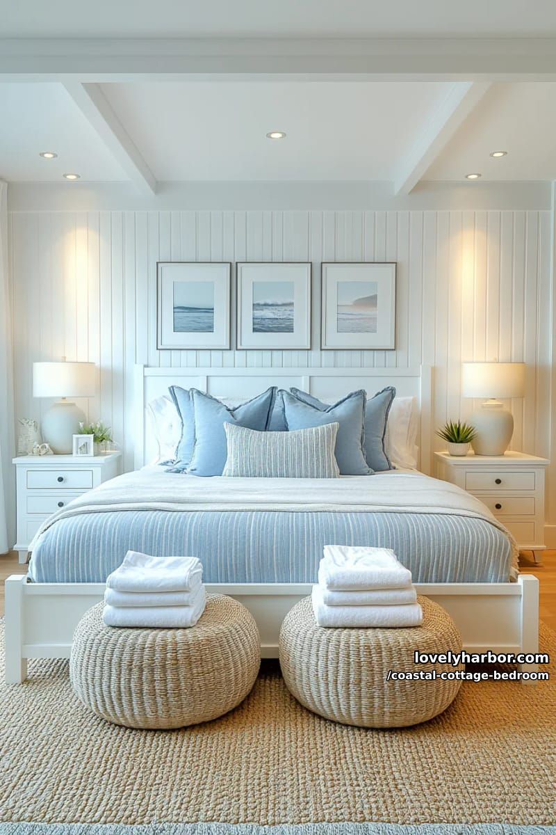 coastal-inspired bedroom with striped bedding, wicker ottomans, and framed seascapes. 1