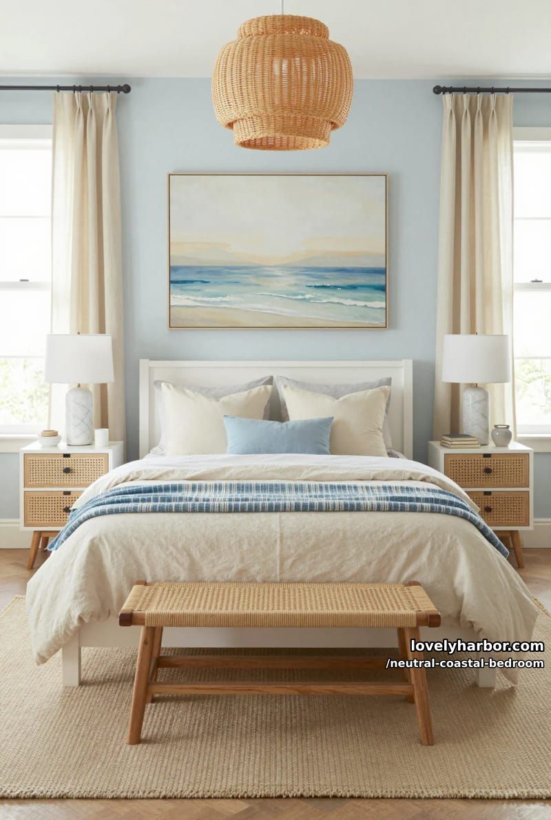 coastal-inspired bedroom with white wood bed, blue accents, and rattan details. 1