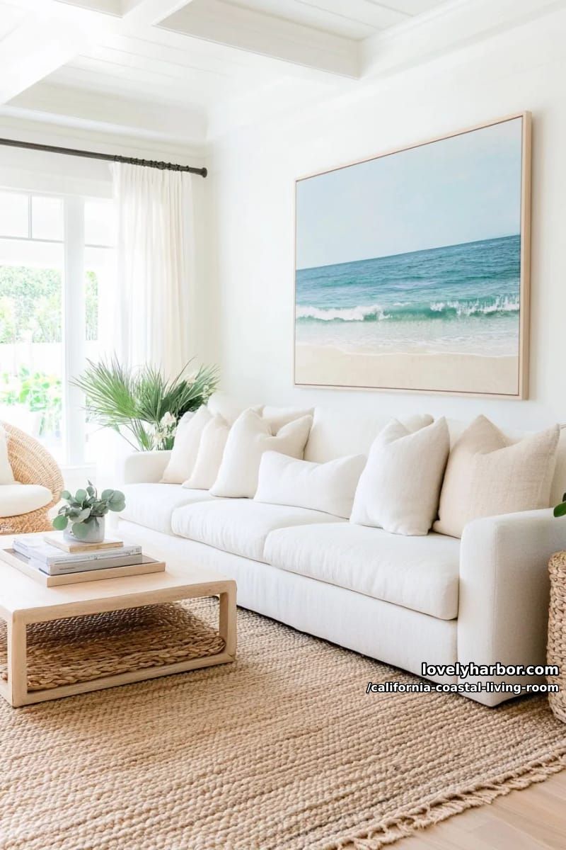 coastal-inspired living room with cream sofa, jute rug, and ocean art. 1