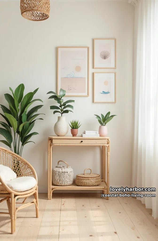 coastal-inspired space with rattan console and pastel beach-themed gallery wall. 1