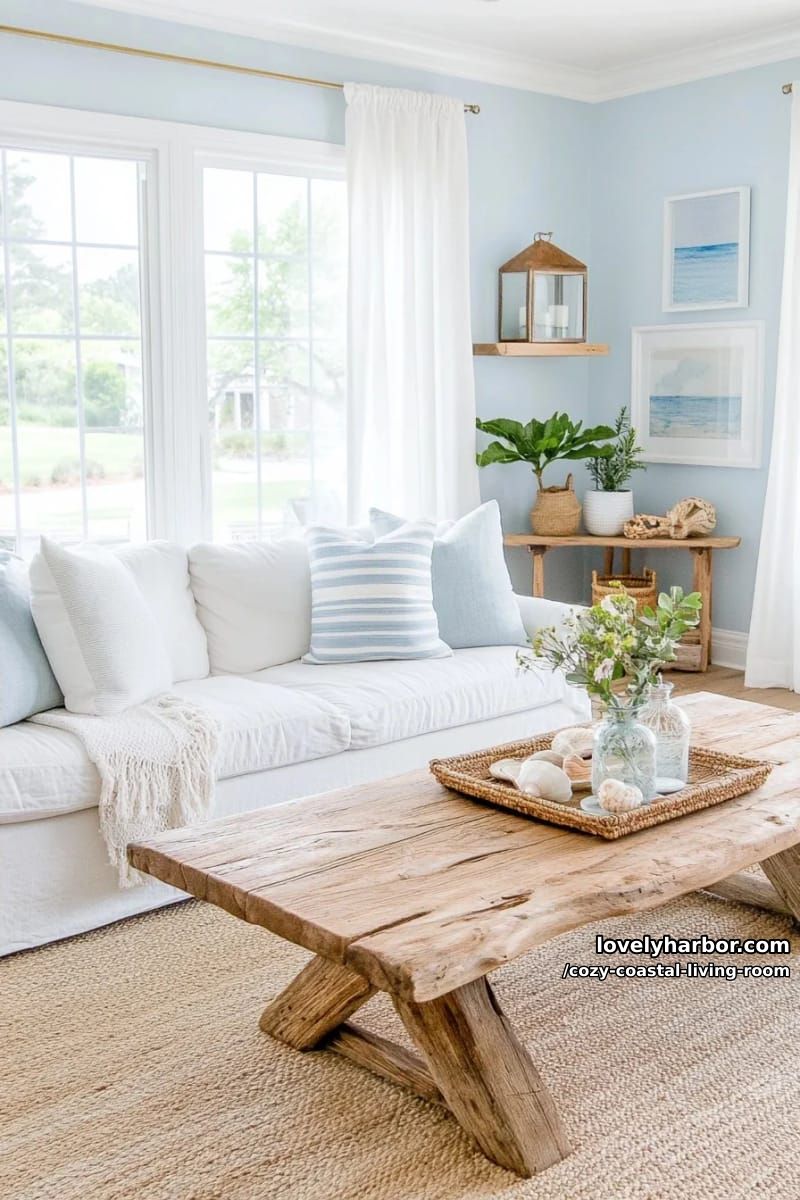 coastal living room in pastel blue and cream with rustic wood accents 1