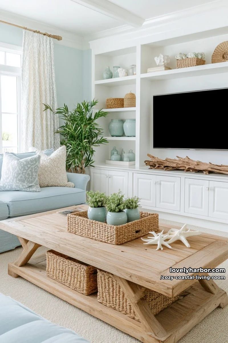 coastal living room with aqua walls, built-ins, and rustic wood coffee table 1