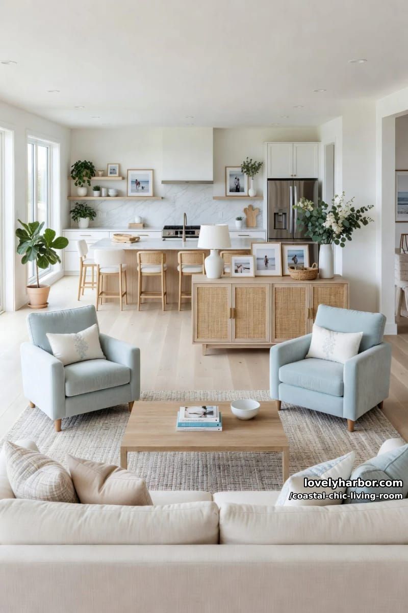 coastal living room with cream sectional, blue armchairs, rattan sideboard, and plants. 1