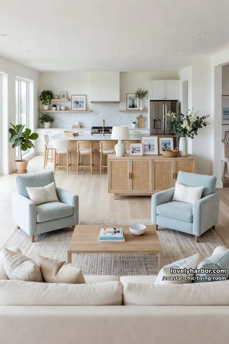 20 Chic Coastal Living Rooms You'll Love 13 coastal living room with cream sectional, blue armchairs, rattan sideboard, and plants. 1
