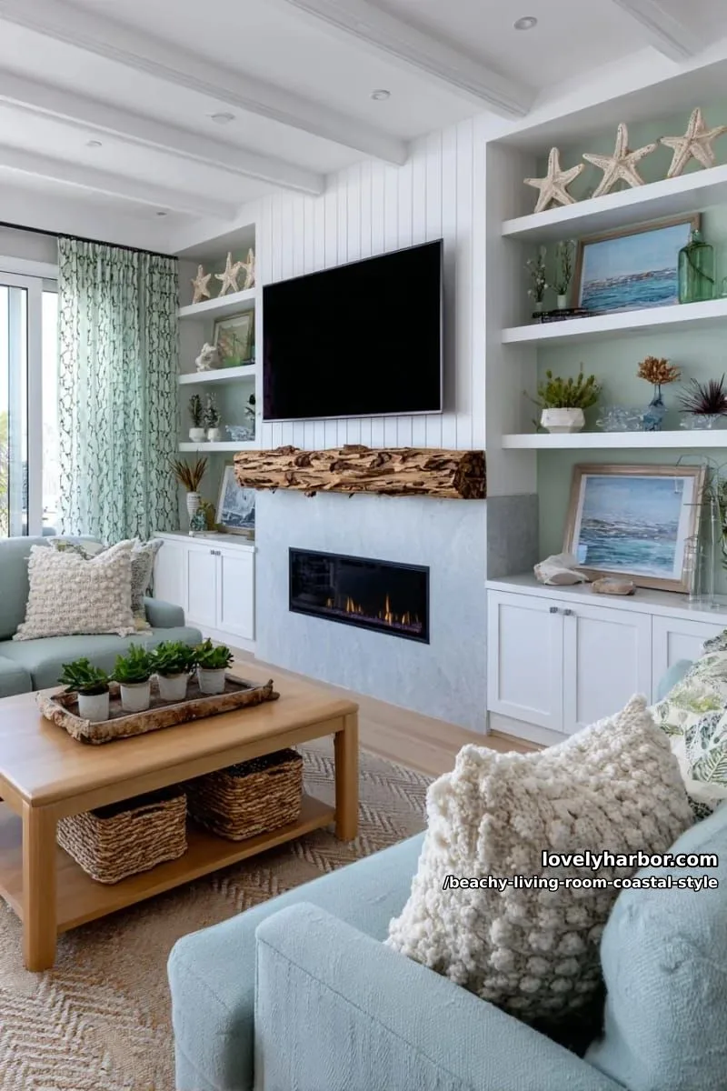 coastal living room with mint green and white palette, sea-themed decor 1
