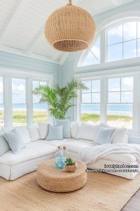 coastal living room with ocean views, blue walls, rope pendant, and white sectional 14
