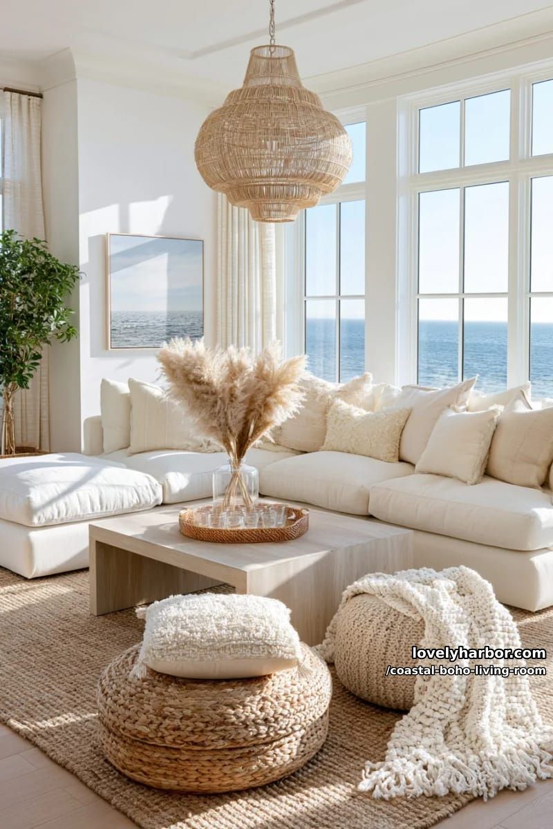coastal living room with sectional sofa, pampas grass, and rattan pendant light. 1