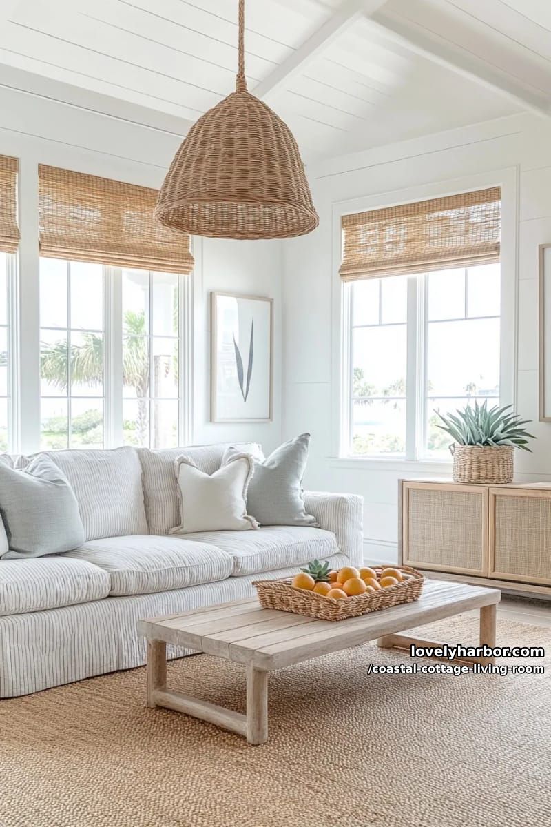 coastal living room with striped sofa, bamboo shades, and rattan pendant light. 1