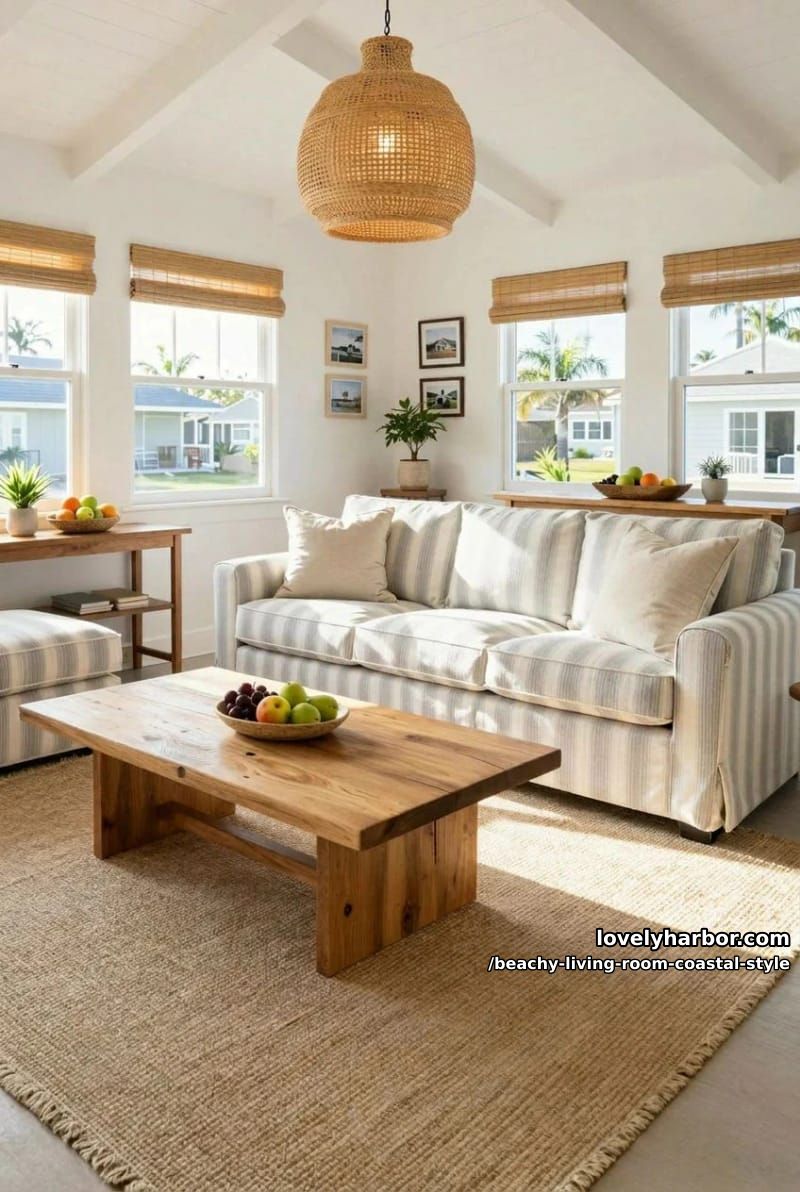 coastal living room with white ceiling beams, striped sofa, and rattan pendant 1