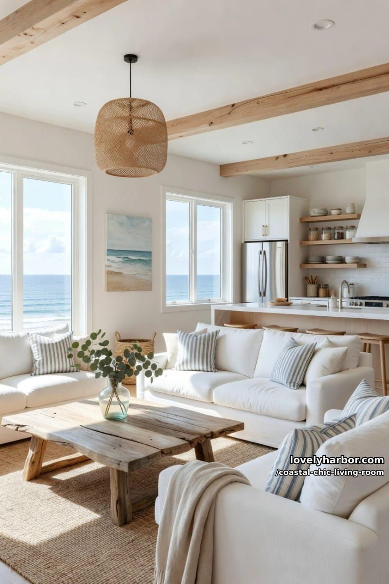 coastal living room with white sofas, raw wood coffee table, and open kitchen. 1