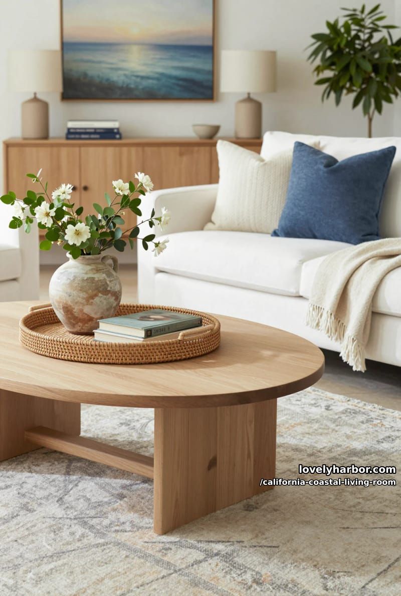 coastal living room, wood coffee table, blue pillows, and seascape painting. 1