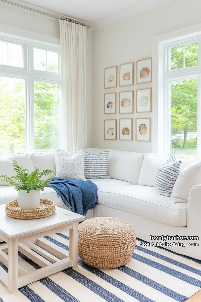 coastal living space with striped rug, jute pouf, blue throw, and beach art. 1
