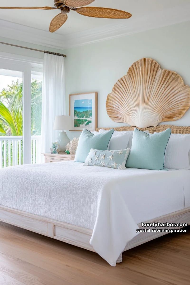 coastal room with shell-shaped decor, starfish, and rattan accents. 1
