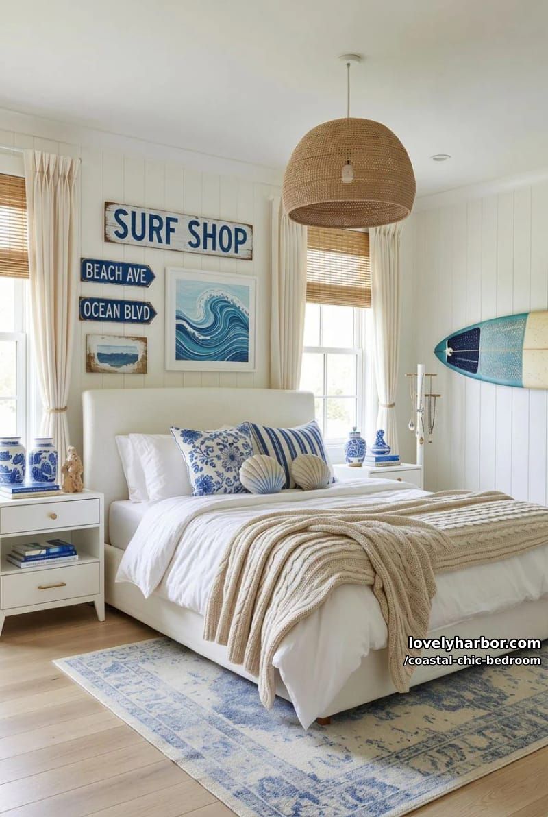 Lovely Harbor 31 coastal-themed bedroom with white bed, blue pillows, beach signs, and woven textures. 5