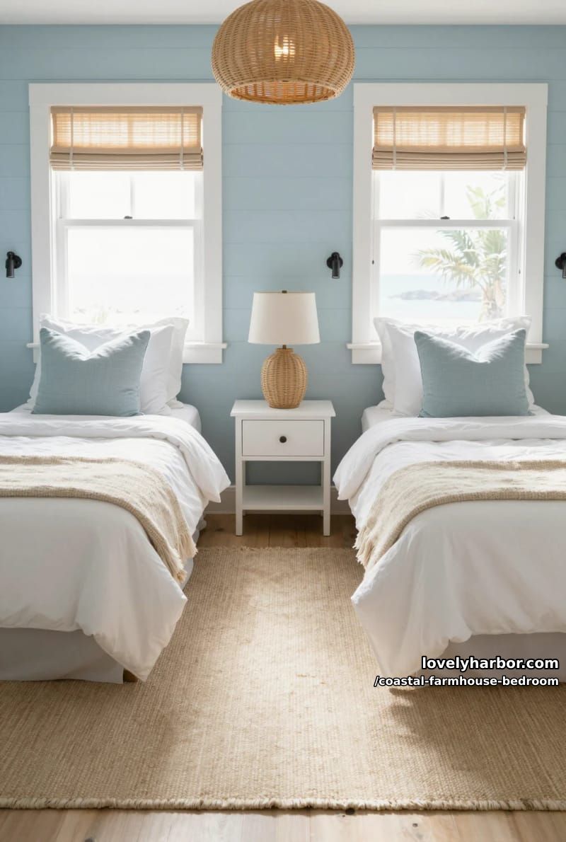 coastal twin bedroom with woven rug, bamboo shades, and blue accents. 1