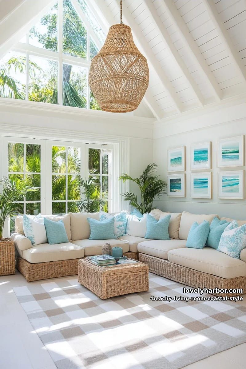 coastal with beige corduroy sectional, checkered rug, and rattan lighting 1