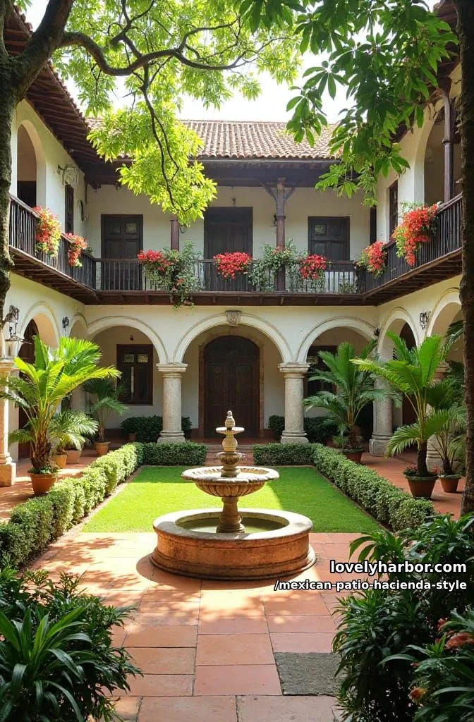 22 Mexican Hacienda-Style Patios That Look Stunning 4 colonial courtyard garden with fountains, palm trees, balcony railings, and flowering plants. 1