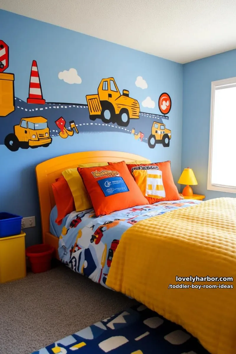 15 Playful Toddler Boy Room Design Ideas for Your Next Makeover 18 construction zone with yellow dump truck decor and tool-inspired wall hooks. 1