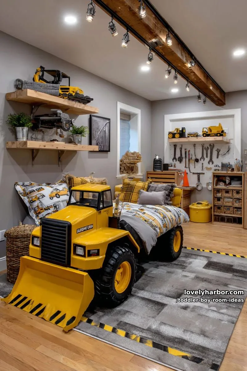 15 Playful Toddler Boy Room Design Ideas for Your Next Makeover 19 construction zone with yellow dump truck decor and tool-inspired wall hooks. 1