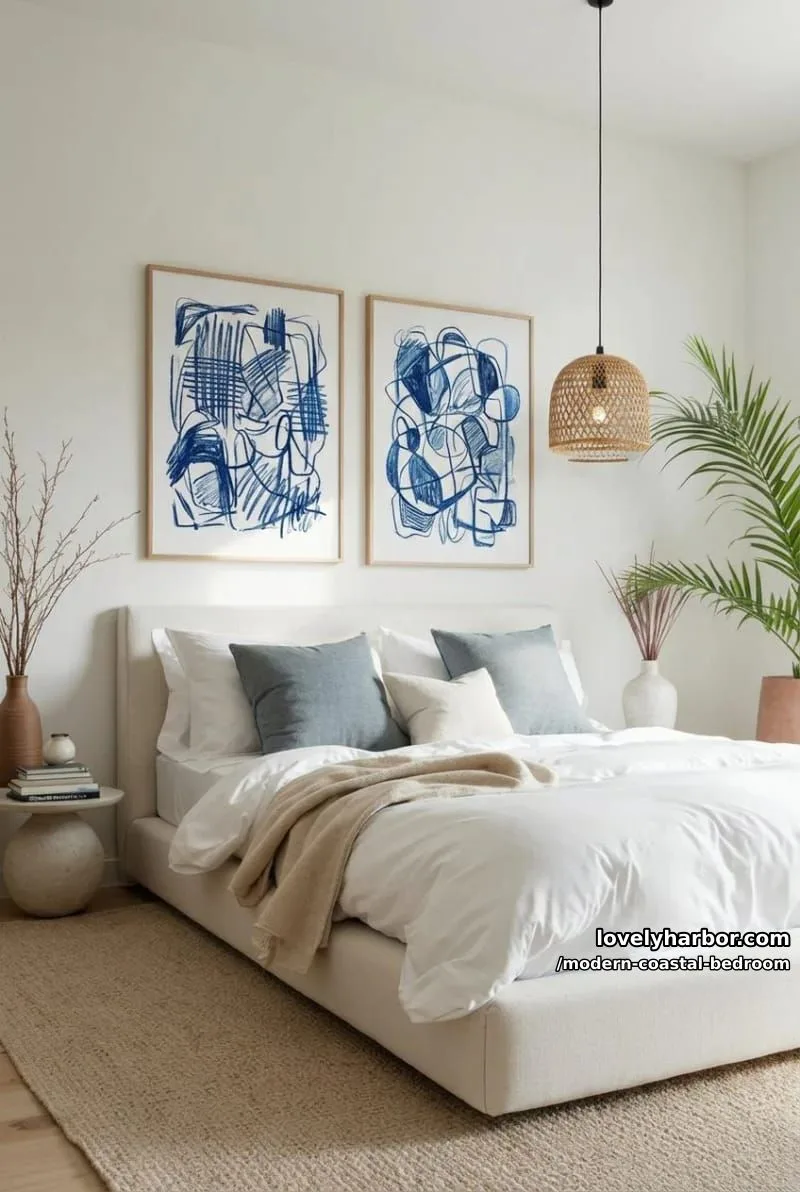 contemporary bedroom with neutral tones, blue art prints, and rattan pendant. 1