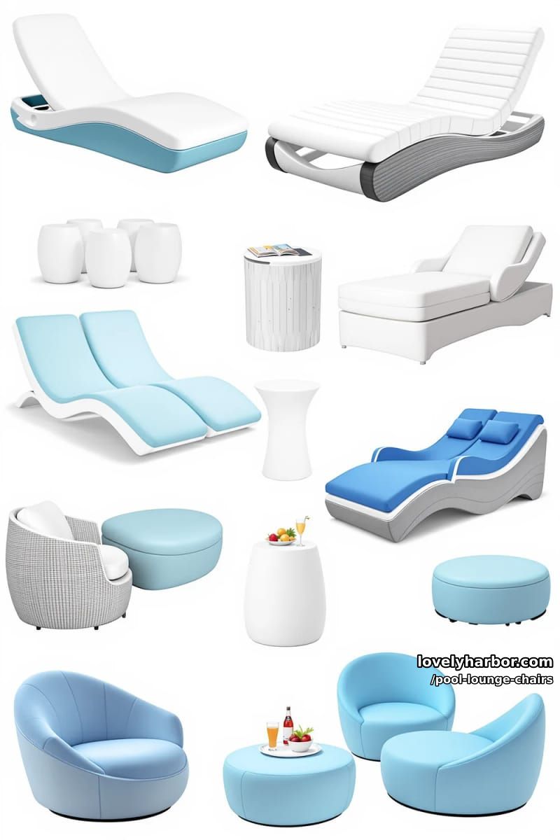 contemporary in-pool lounge chairs and sun shelf accessories. 1