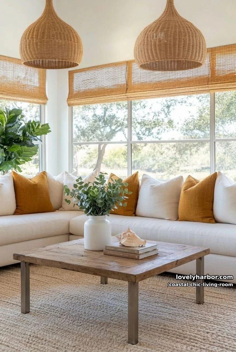 contemporary living room with beige sectional, rattan pendants, and abundant greenery. 1