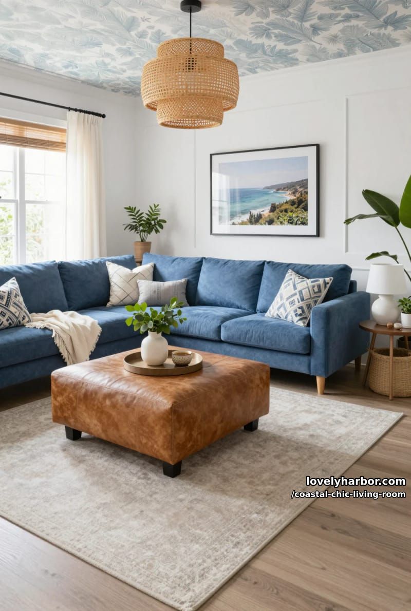 contemporary living room with blue sofa, leather ottoman, and botanical wallpaper. 1