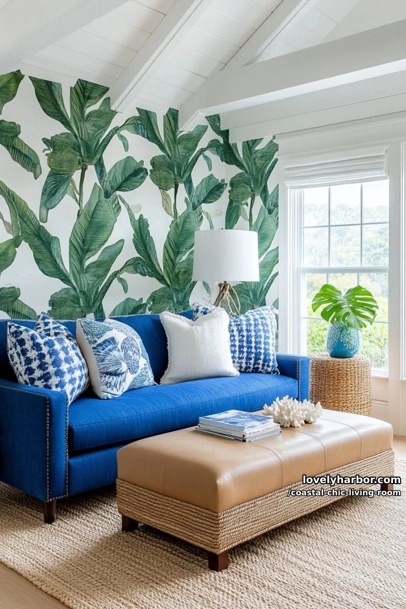 contemporary living room with blue sofa, leather ottoman, and botanical wallpaper. 1