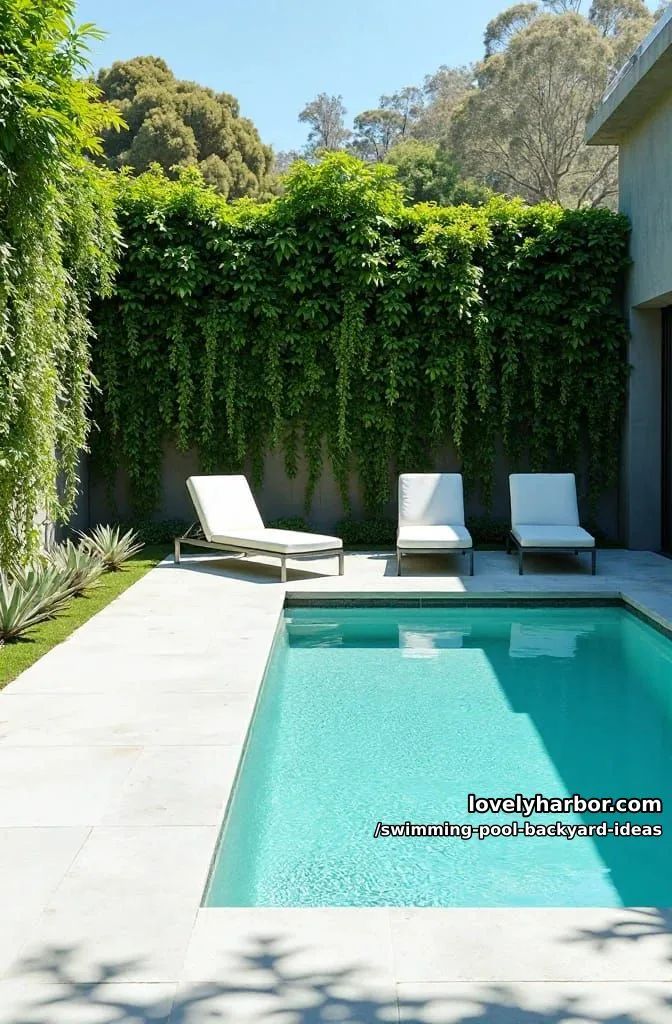 contemporary pool with turquoise water, sun loungers, and vertical garden wall 1
