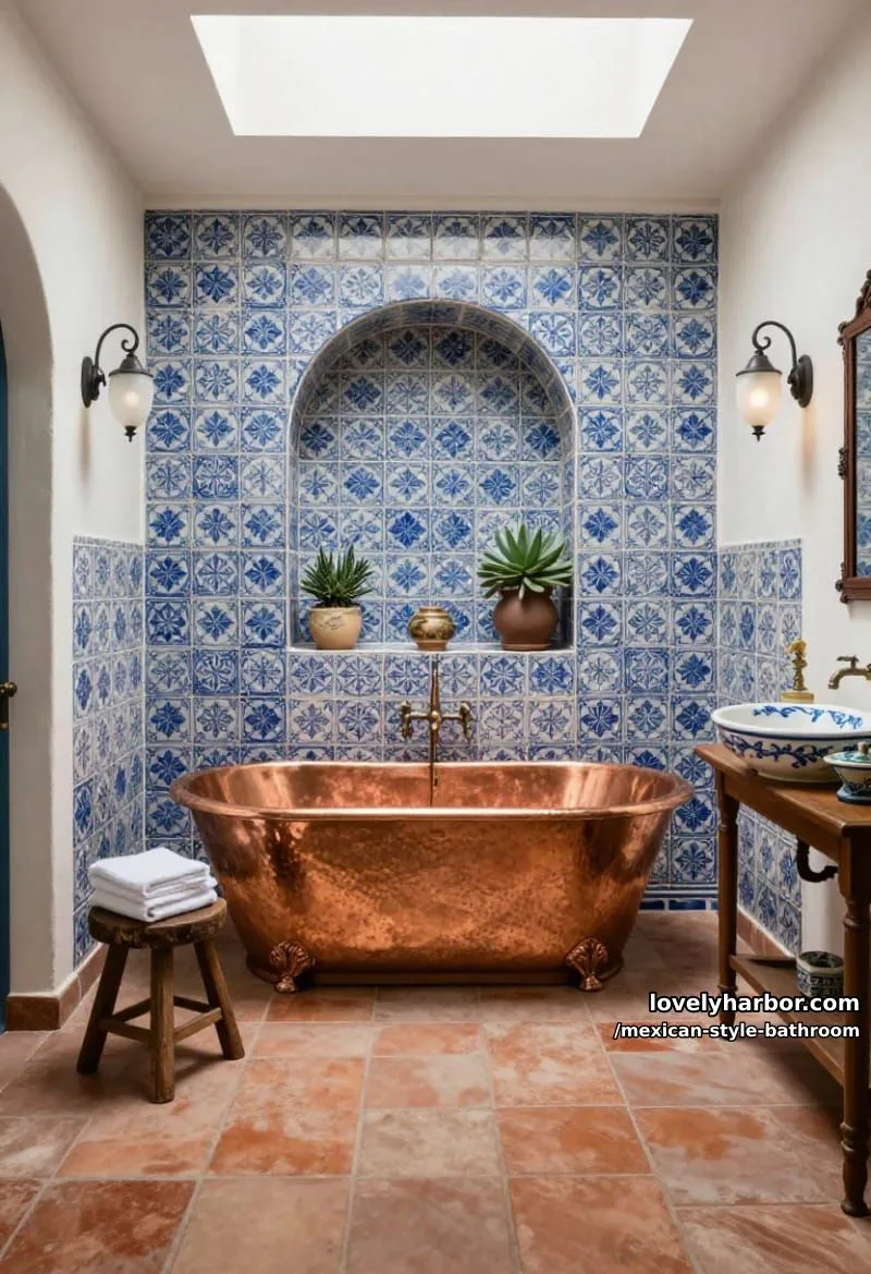 copper bathtub bathroom with blue-and-white tiled wall and skylight. 1