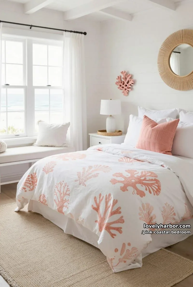20 Dreamy Pink Coastal Bedroom Ideas to Try This Season 19 coral and white coastal bedroom with shiplap walls and woven decor. 1