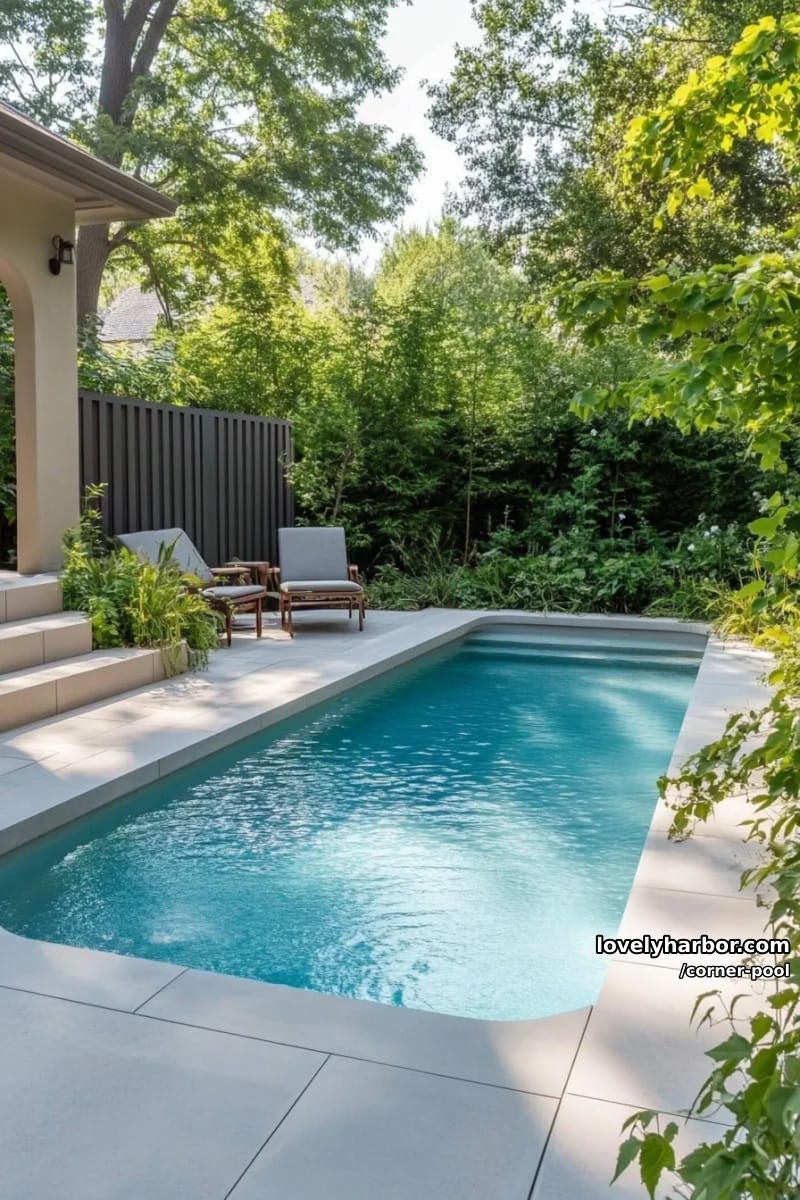 corner plunge pool with curved steps, dense greenery, and geometric paving 1