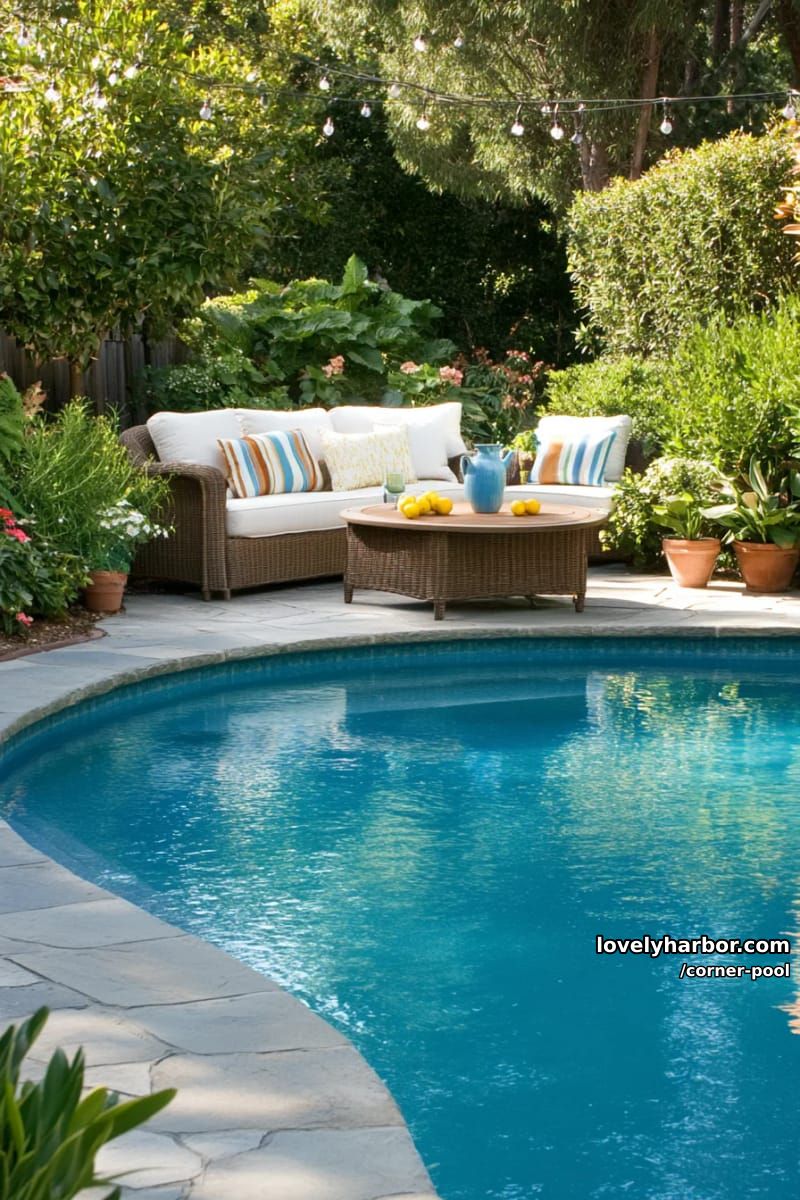 corner pool with wide curved steps, wicker sofa, and green garden 1