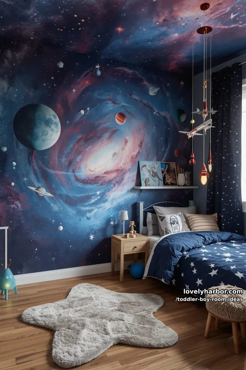 15 Playful Toddler Boy Room Design Ideas for Your Next Makeover 32 cosmic galaxy wall with glow-in-the-dark planets and spaceship mobiles. 1