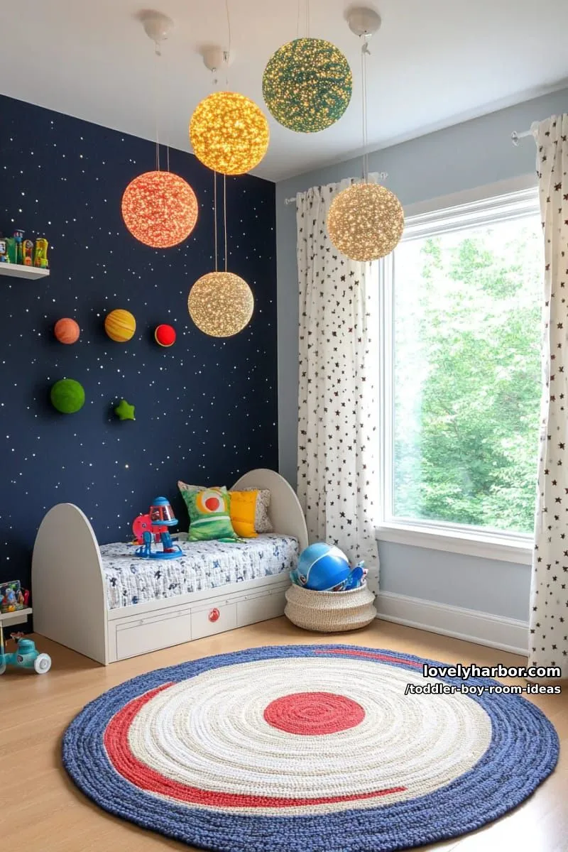 15 Playful Toddler Boy Room Design Ideas for Your Next Makeover 33 cosmic galaxy wall with glow-in-the-dark planets and spaceship mobiles. 1