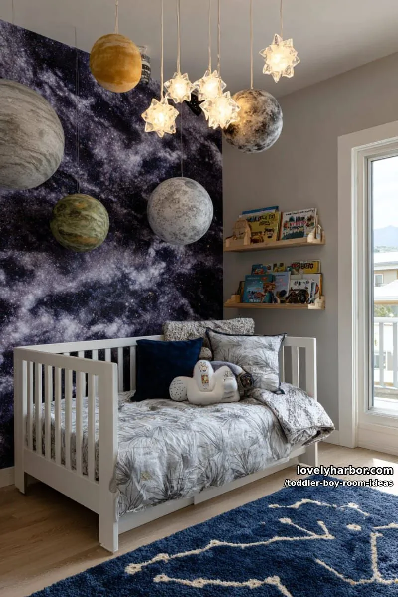 15 Playful Toddler Boy Room Design Ideas for Your Next Makeover 34 cosmic galaxy wall with glow-in-the-dark planets and spaceship mobiles. 1