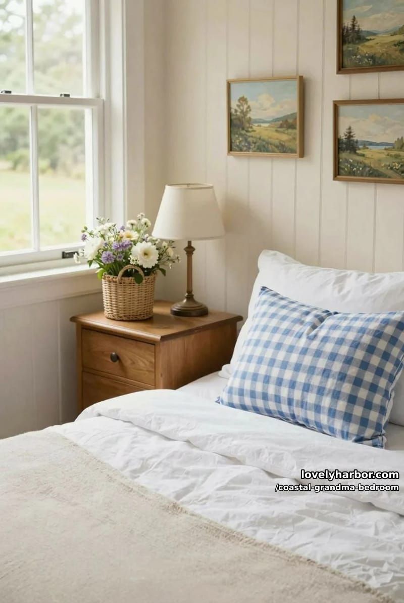 cottagecore bedroom corner with gingham pillow, floral accents, and cozy natural light. 1