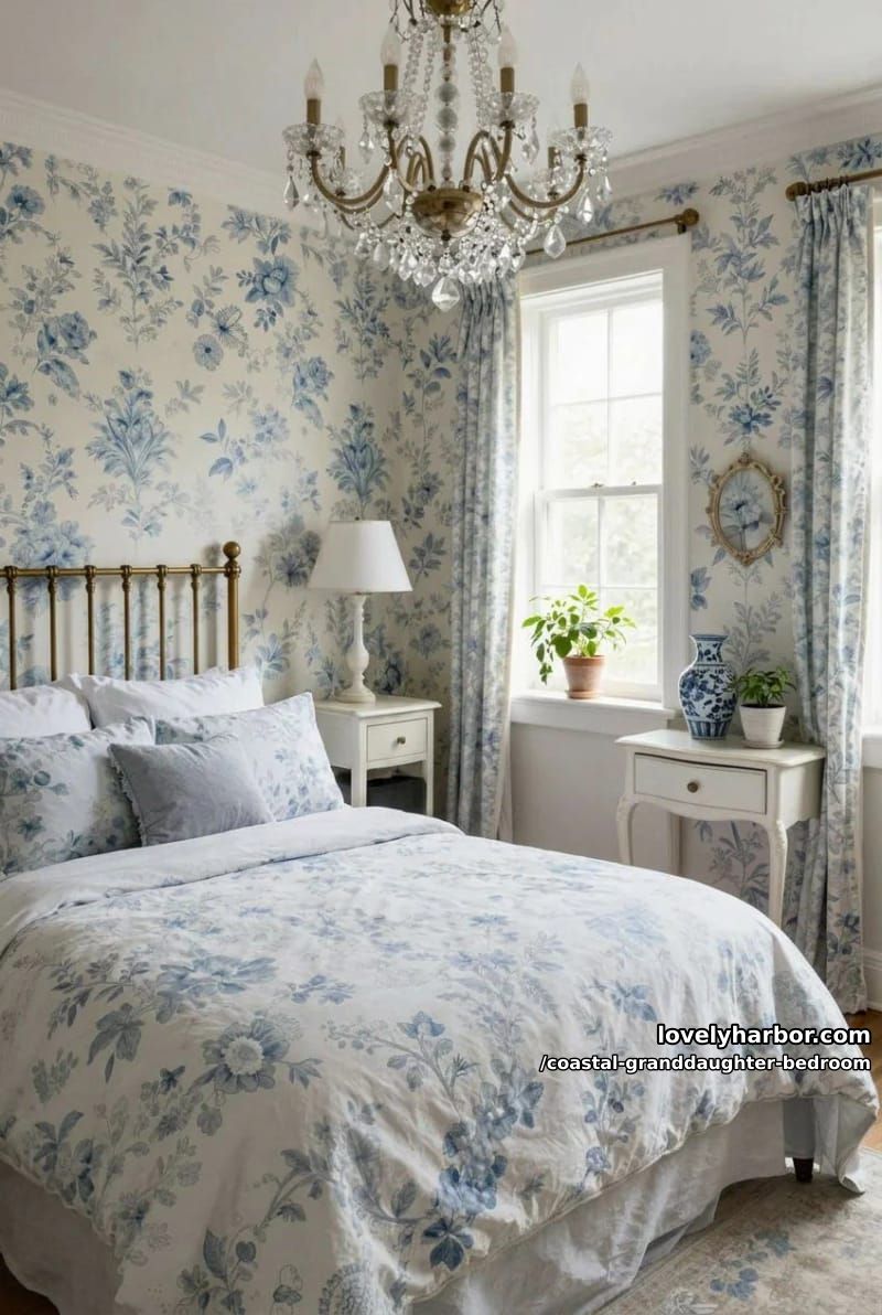 cottagecore bedroom with floral wallpaper, brass bed, crystal chandelier, and blue bedding. 1