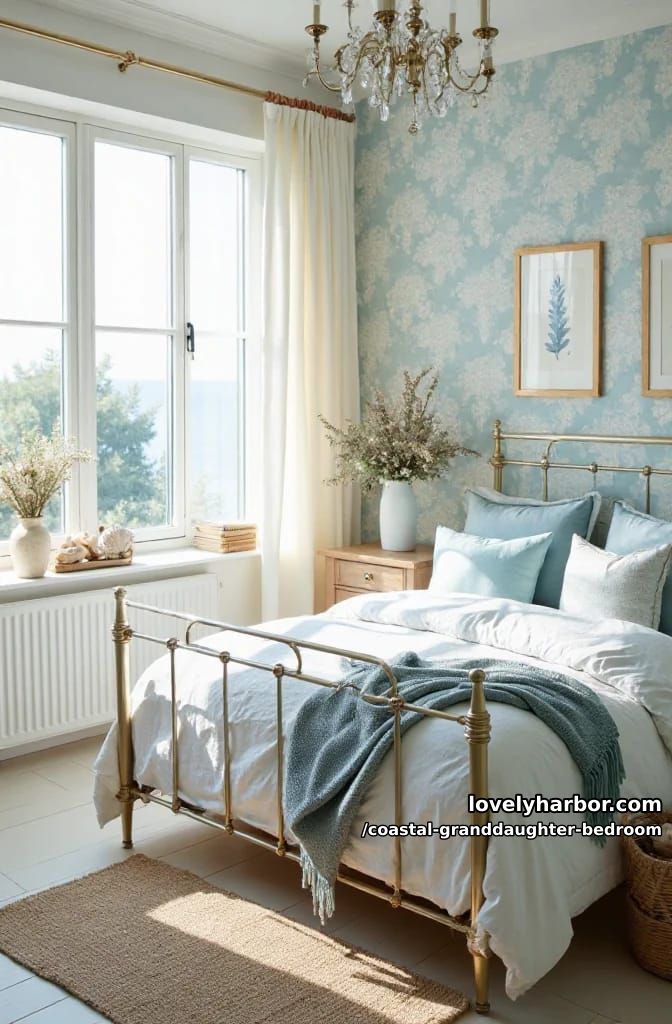cottagecore bedroom with floral wallpaper, brass bed, crystal chandelier, and blue bedding. 1