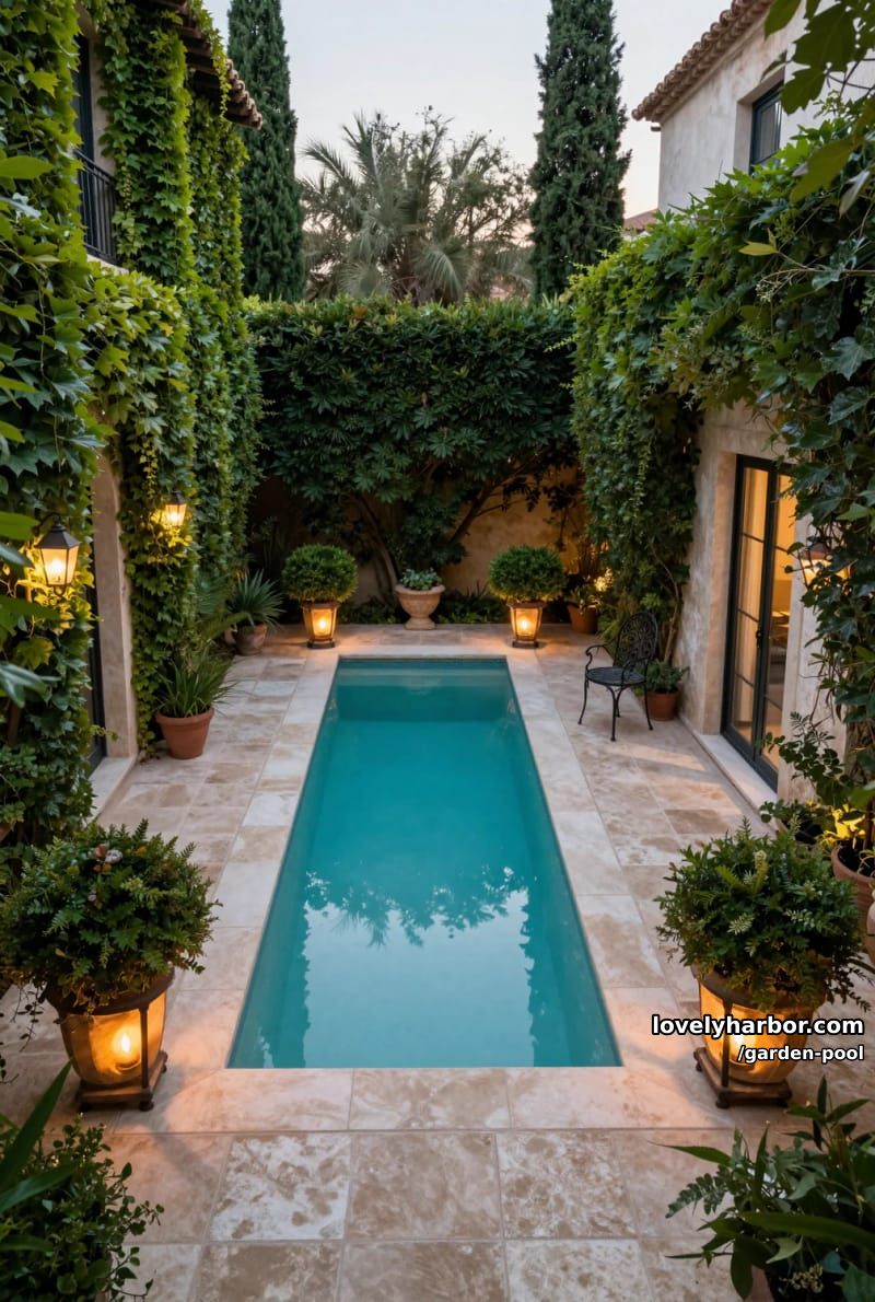 courtyard pool, cypress trees, pale stone tiles, ivy walls, classic lanterns, mediterranean vibe. 1
