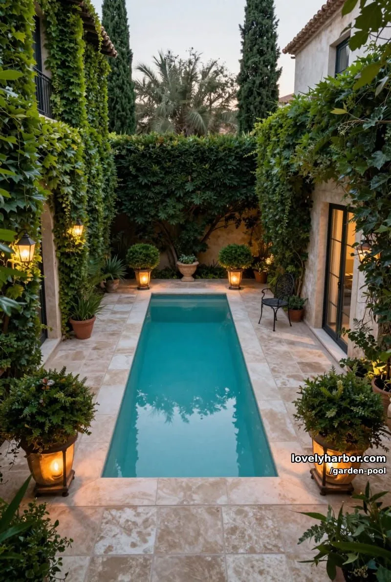 courtyard pool, cypress trees, pale stone tiles, ivy walls, classic lanterns, mediterranean vibe. 1