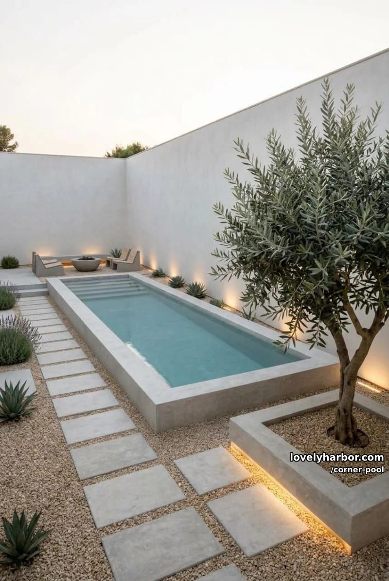 courtyard pool with concrete, gravel, olive tree planter, and ambient lighting 1
