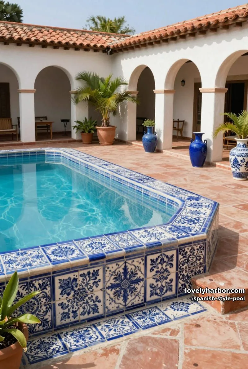 courtyard pool with hand-painted blue and white tiles, vases, and columns. 1