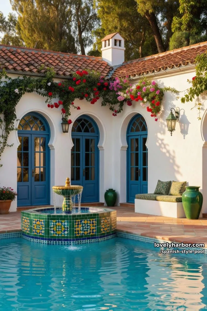 courtyard pool with raised geometric fountain, blue french doors, and vines. 1
