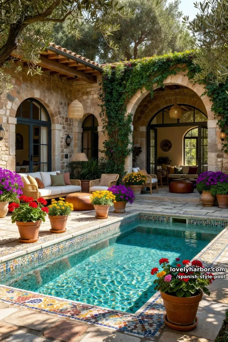 courtyard pool with turquoise mosaic tiles, rustic stone house, and cozy seating. 1