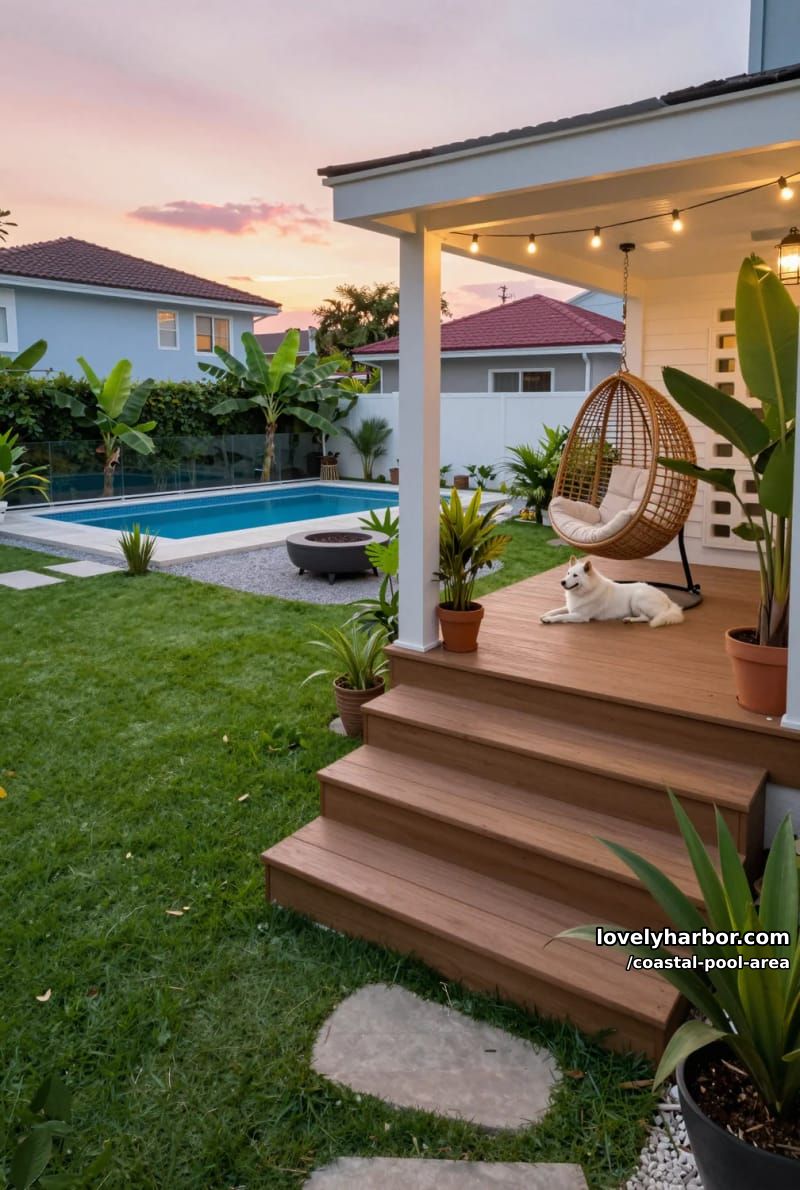 20 Unique Coastal Pool Area to Inspire Your Backyard 19 covered patio, string lights, egg chair, fire pit, pool, artificial lawn 1
