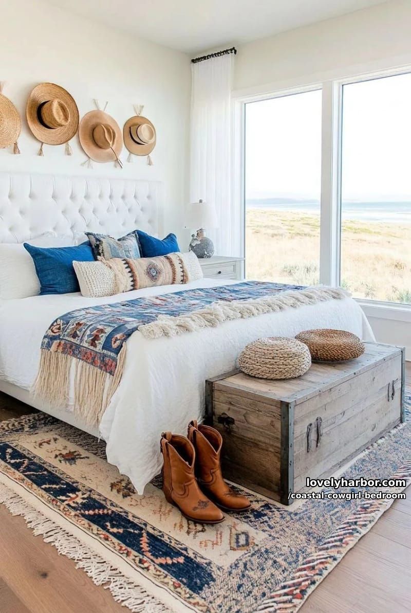 cozy americana bedroom with western and coastal decor, blue and white accents. 1